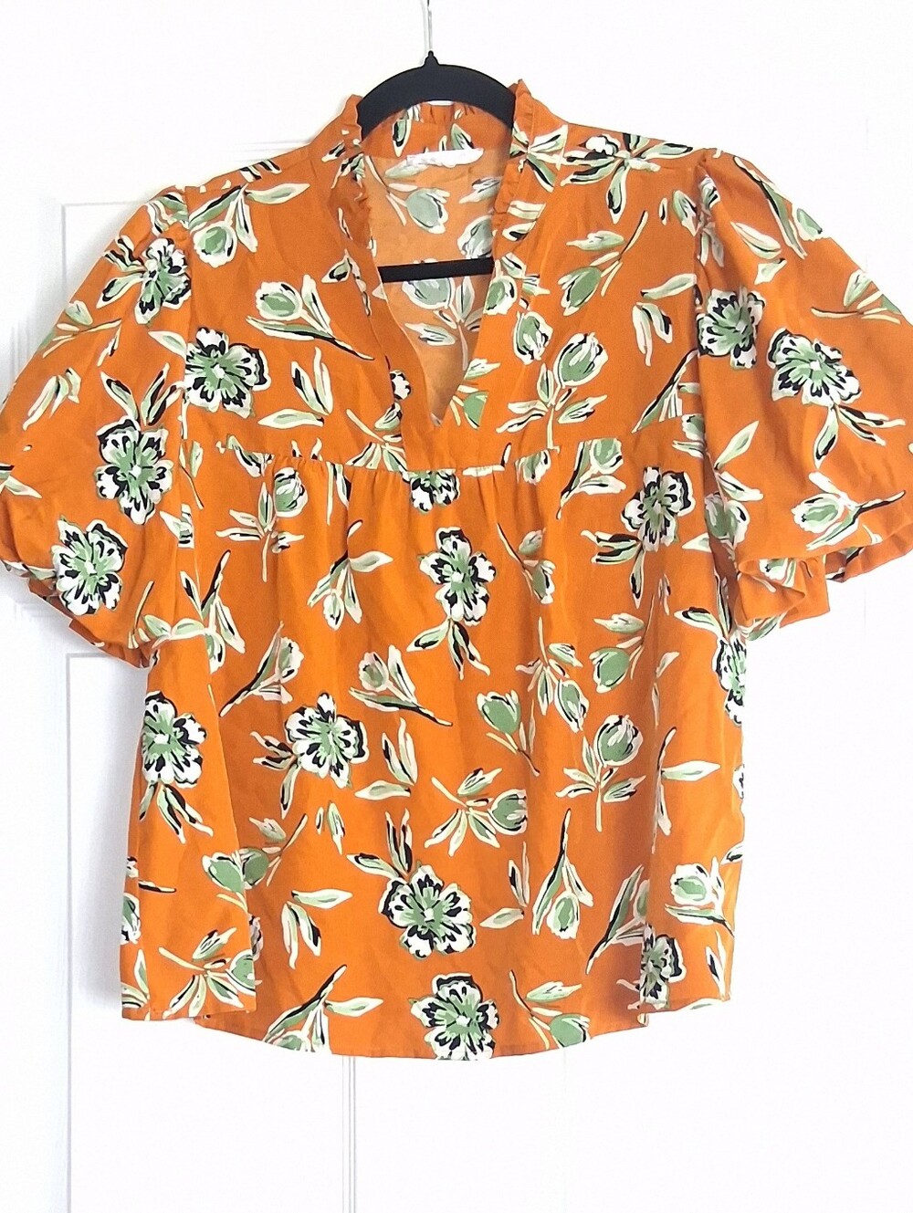 THML Orange Green Floral V-Neck Puff Sleeve Blouse